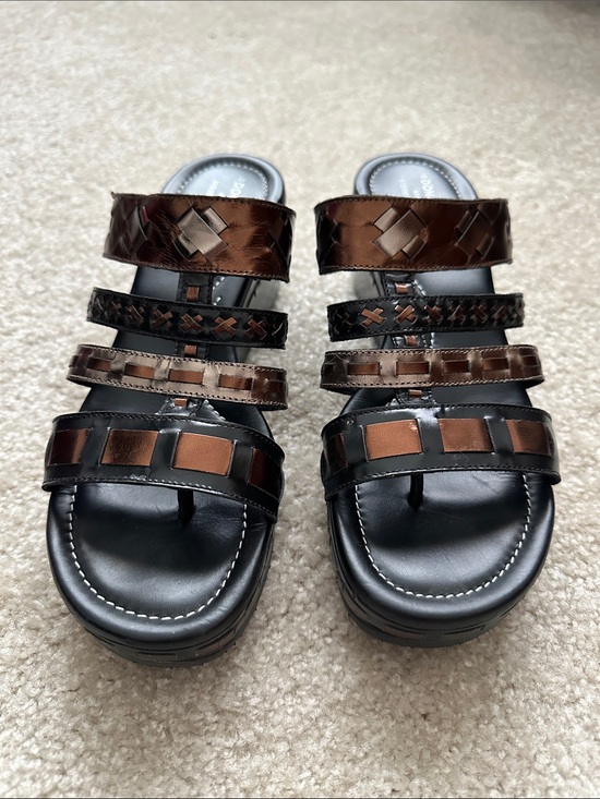 Donald J. Pliner Shoes - Donald J. Pliner Black and Brown Multi-Strap Wedge Slides